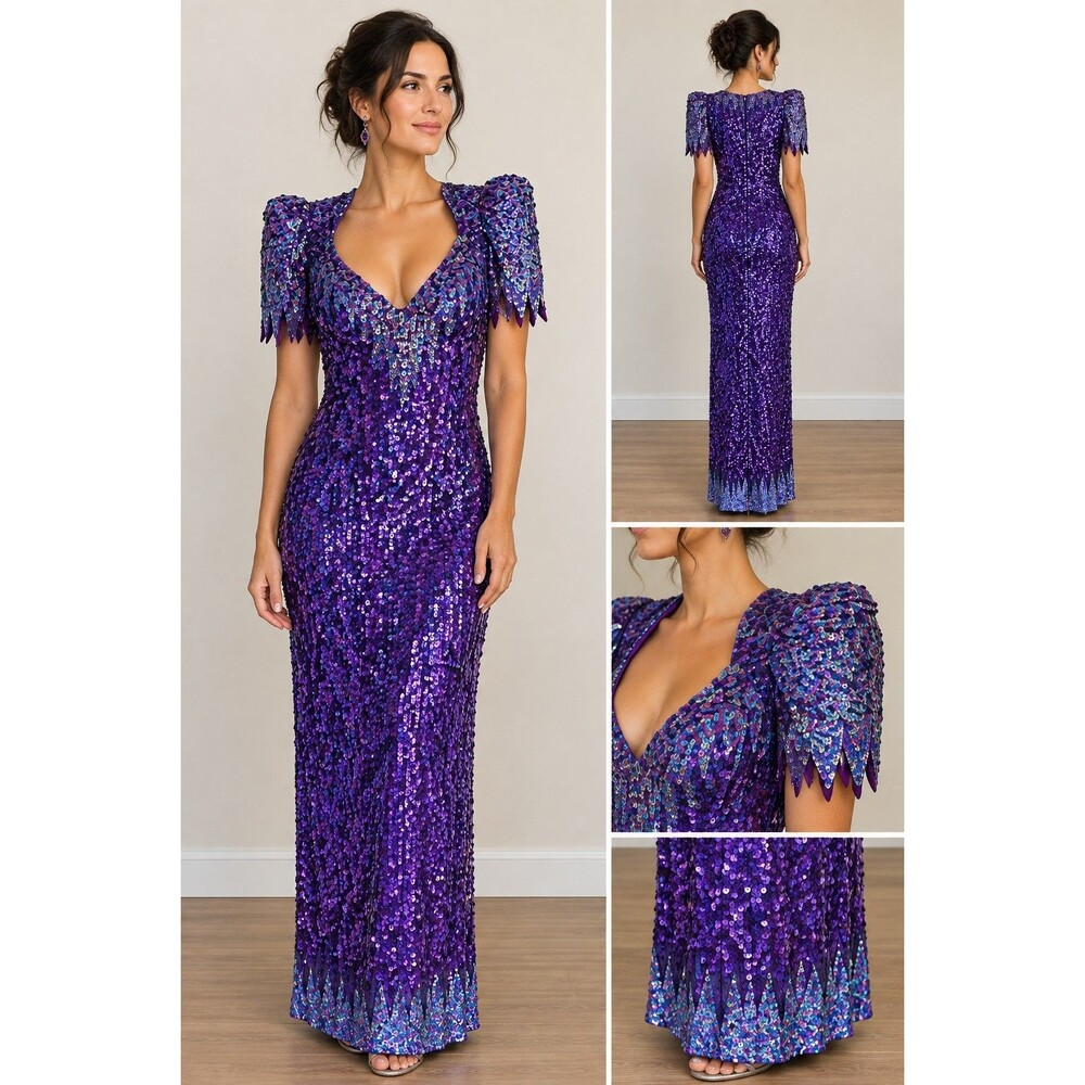 RARE CACHE Vtg 80s Purple Silk Sequin Gown Dress 10 Pageant Dynasty Angel Winged
